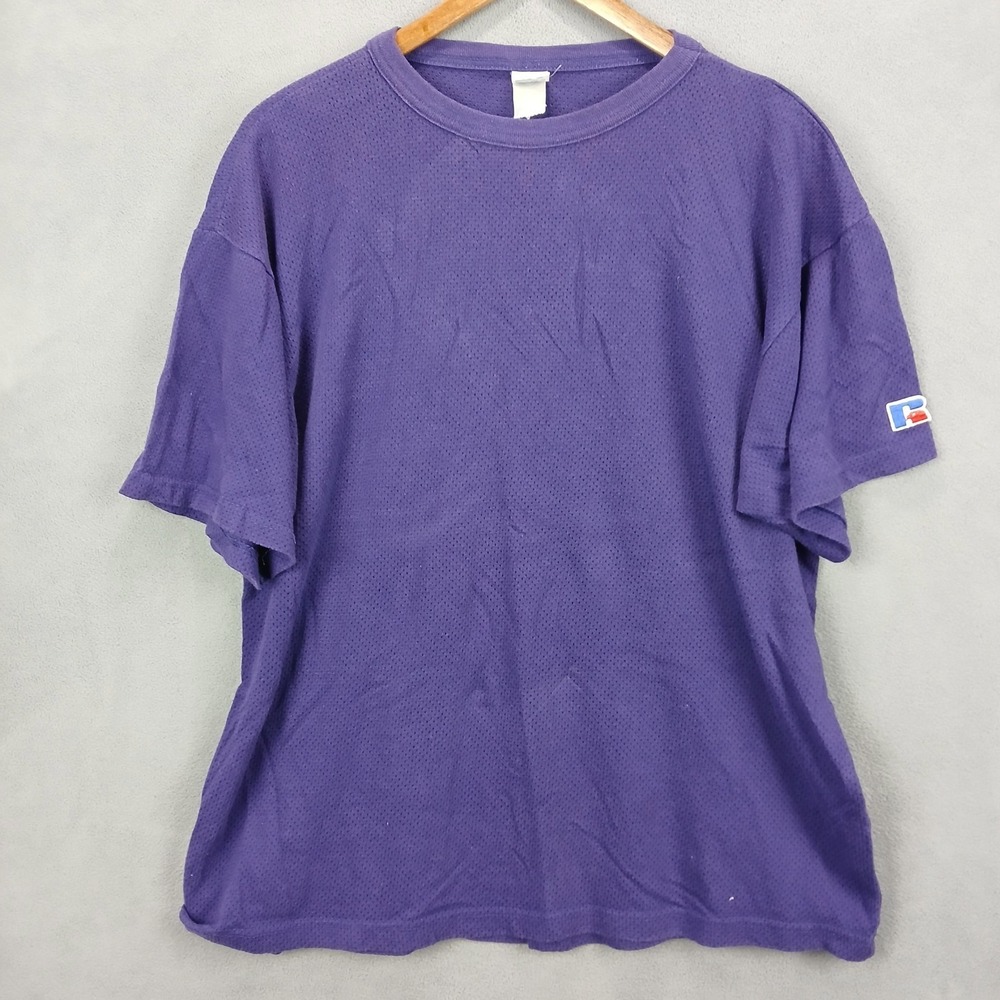 Vintage Russell Athletic T-Shirt Mens‎ Large Purple Mesh Short Sleeve Crew Neck